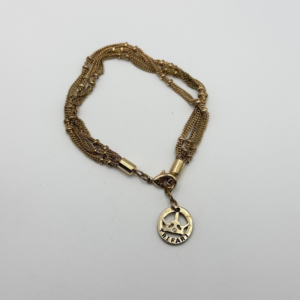 Trifari Vintage Gold Tone Multi Strand Beaded Chain Bracelet Crown Logo Charm